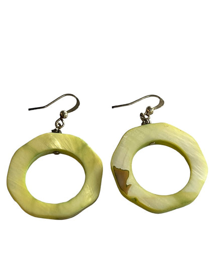 Green Carved Irradescent Round Dangle Earrings