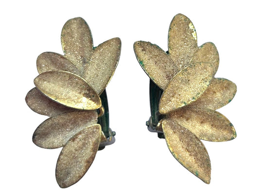 Vintage Clip On Non-Pierced Earrings Goldtone Brushed Textured Leaf 1.5"