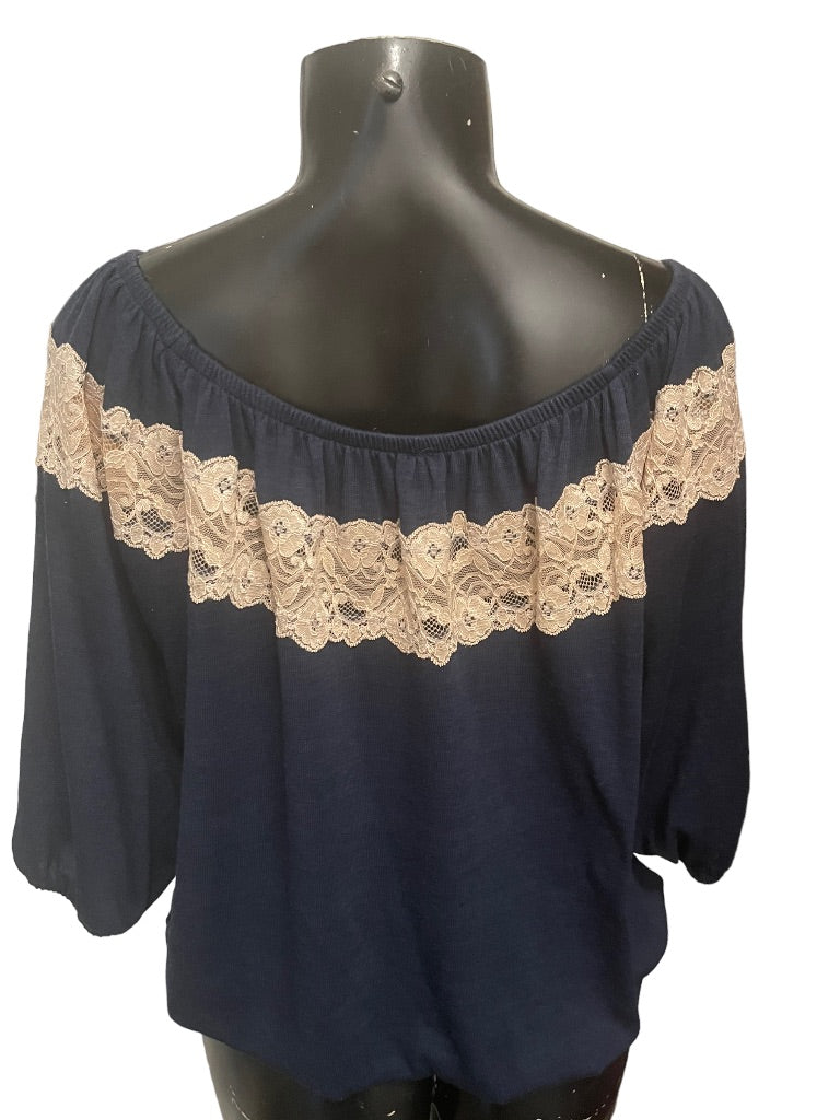 Large Bella D Lace Embellisment Women's Navy Blue Off Shoulder Blouse