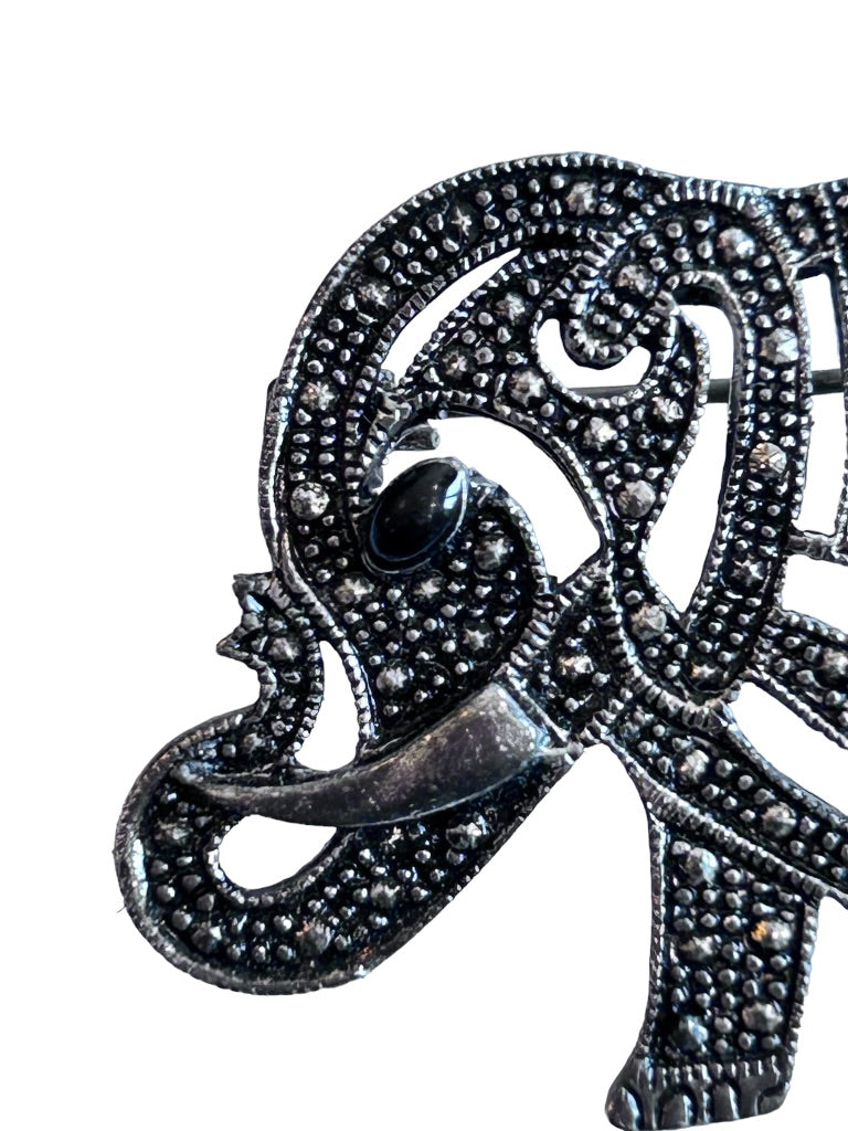 Vintage Lucky Elephant Silver Brooch 2" Trunk Up Stylized Texture