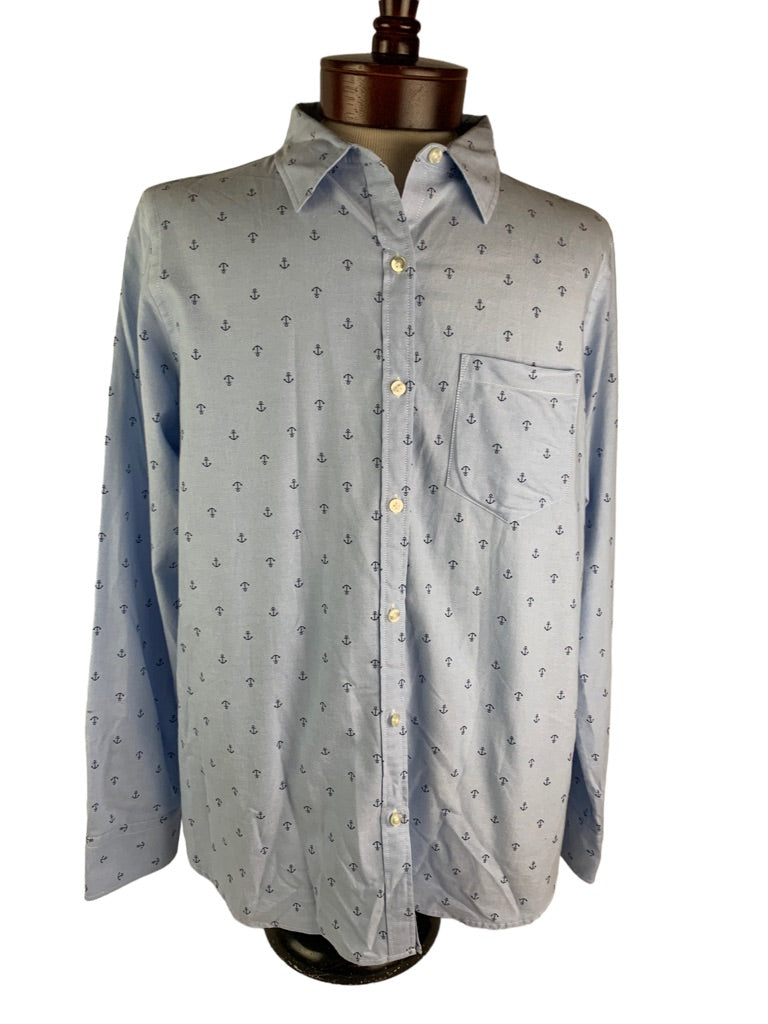 XL Amazon Essentials Women's Light Blue Oxford Anchor Print Button Up