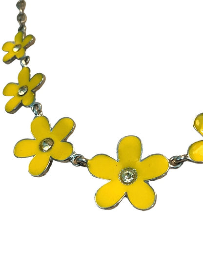 Silvertone Daisy Necklace Earring Set Yellow Enamel 21" - 24"