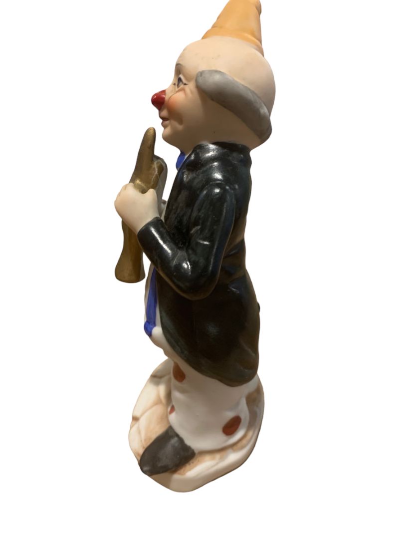 Vintage 1970s Porcelain Hobo Clown Figurine Trumpet Playing Figurine 6"