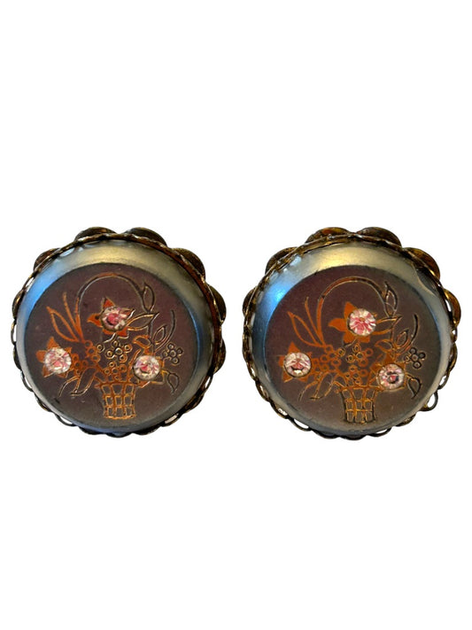 Vintage Clip On Earrings Non-Pierced Silver Plastic Ornate Metal Back and Edging 1.25"