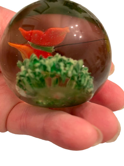 Glass Globe Paperweight Red Yellow Butterfly Grass 1.8"h x 2"d