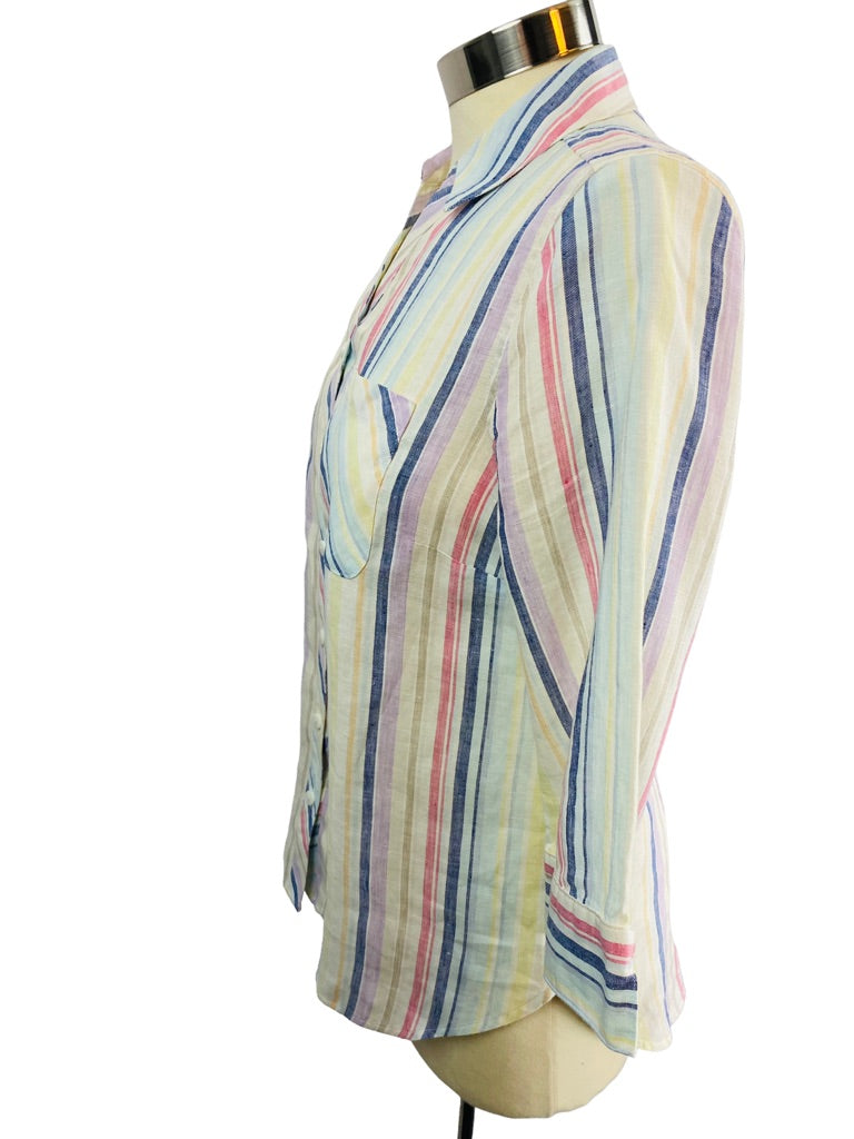 0/2 Petite Chico's Women's Striped Linen Button Up 3/4 Sleeve Shirt Blouse No-Iron