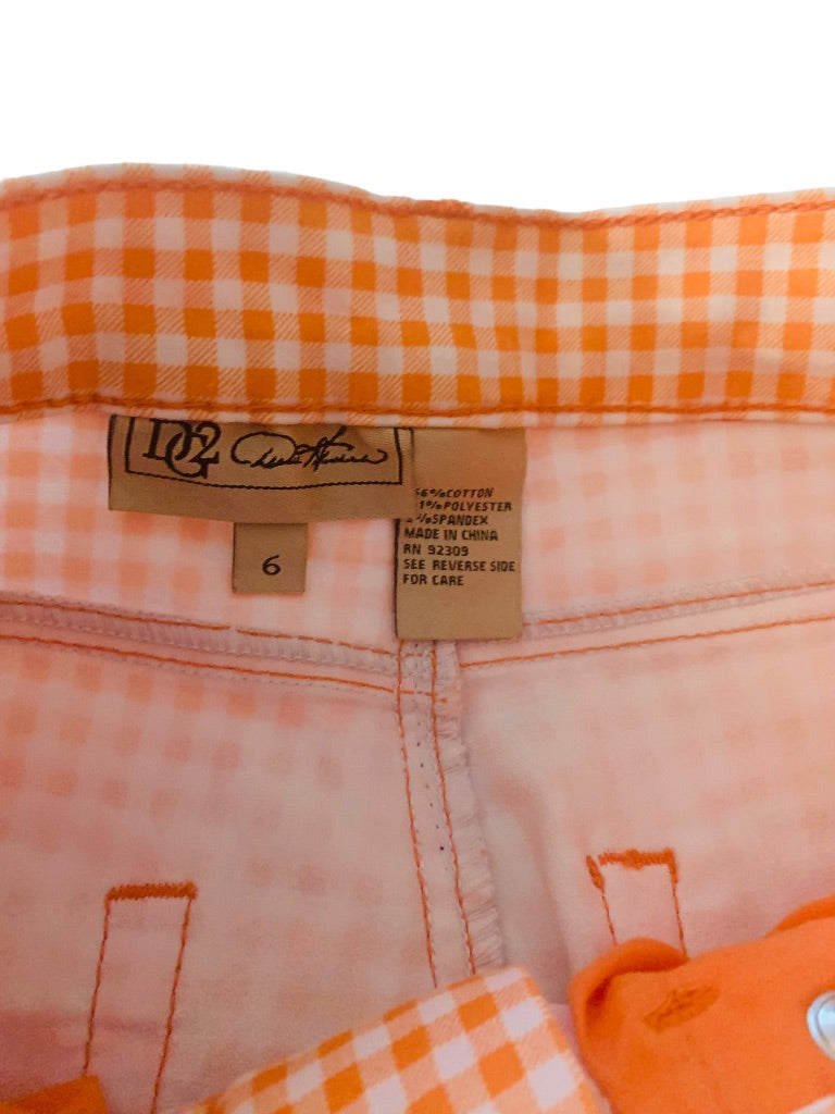 6 DG2 Diane Gilman Women's Orange White Gingham Stretch Denim Shorts