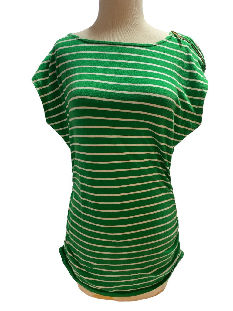 Large Michael Kors Green and White Striped Sleeveless Shirt Zip Shoulder Rouched Sides