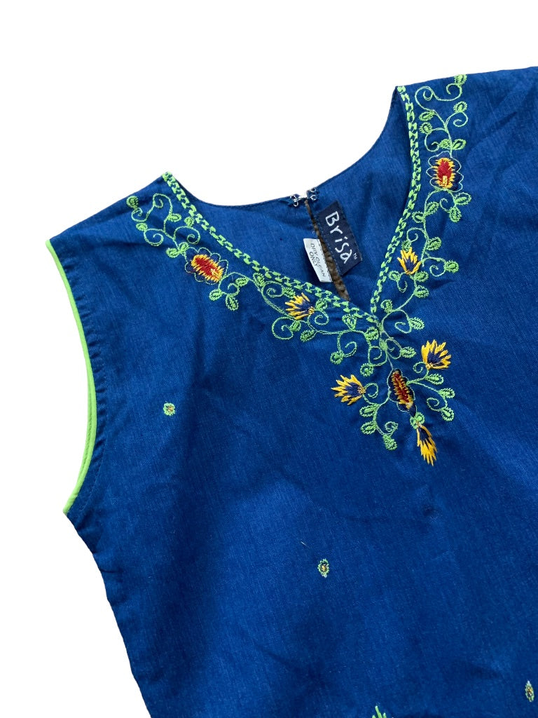 Medium Girls Brisa Blue Indian Style Top Blouse Sleeveless Embroidered Floral