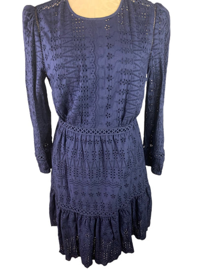 4 J.Crew Navy Blue Eyelet Flutter Hem Dress Long Sleeve H5957