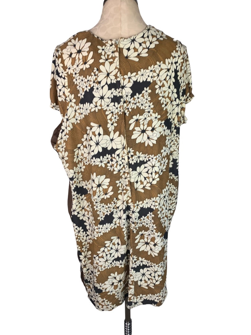 Vintage 1950s Handmade Plus Size Brown Shift Dress Floral Print Knee Length