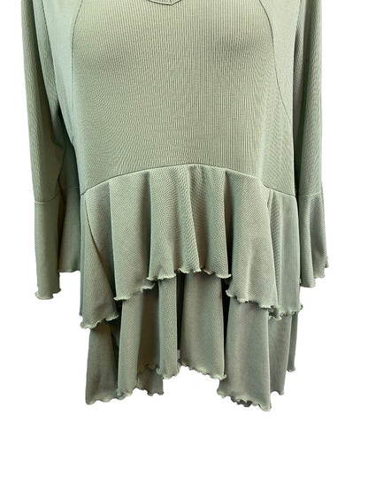 Large Andthewhy Women's Sage Green Pullover Ribbed Knit Top Tiered Ruffle