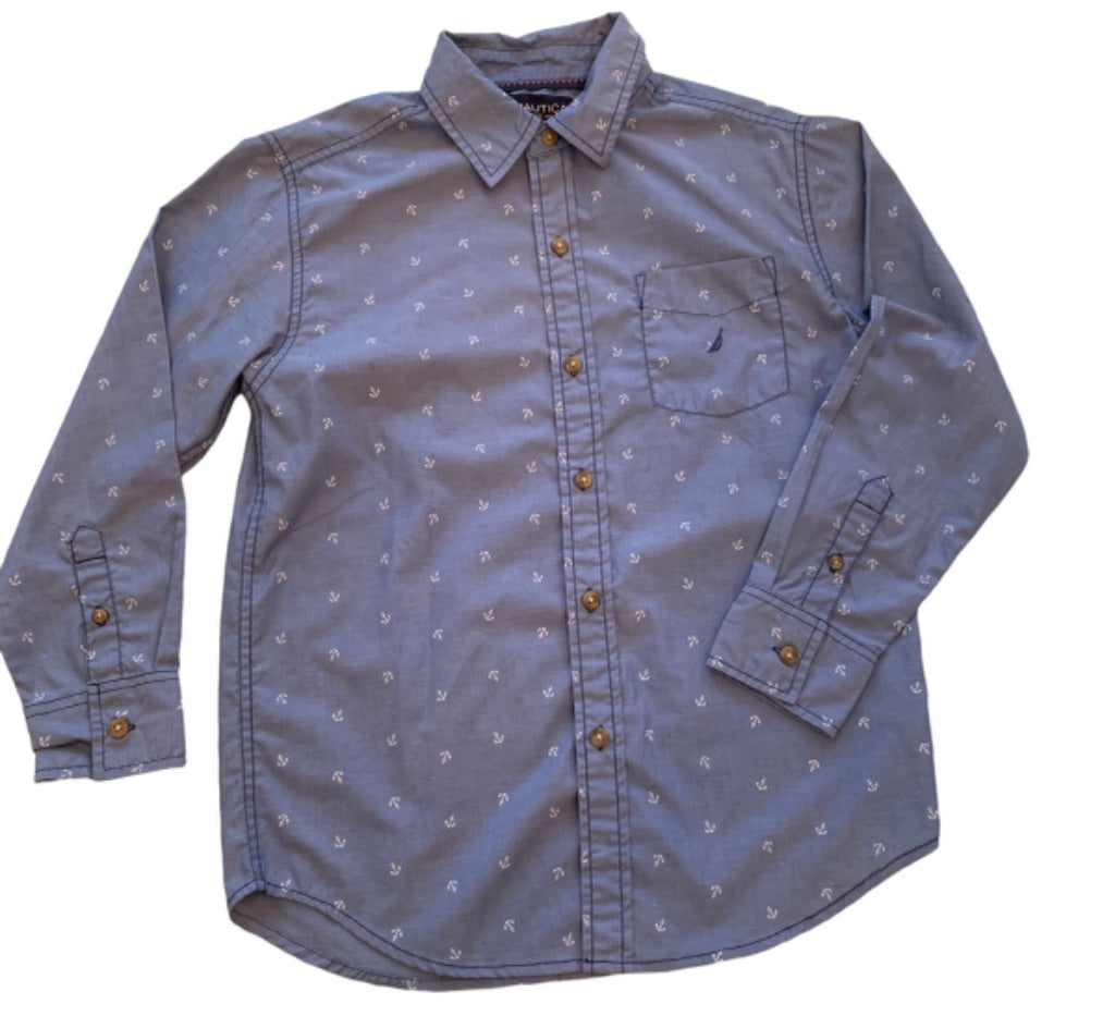 Medium (10/12) Nautica Boys Youth Long Sleeve Blue Button Down Anchor Print