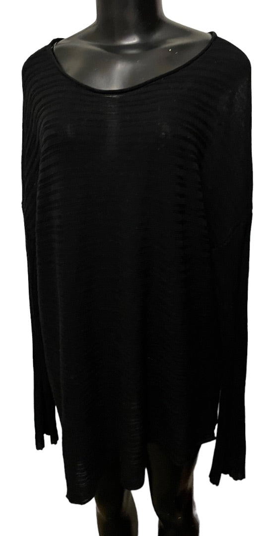 XL Eileen Fisher Women's Sheer Ribbed Long Sleeve Asymmetrical Hem Black Sweater