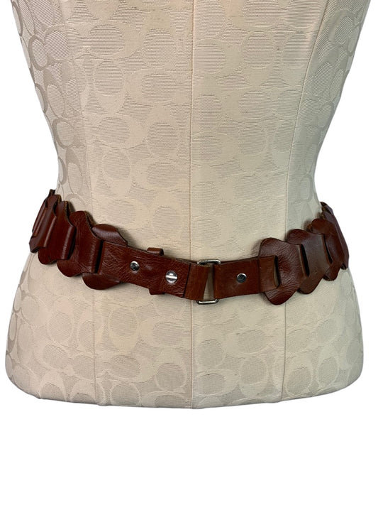 Vintage Women's Brown Soft Leather Link Belt 37"-39" Woven 2" Width Retro Style