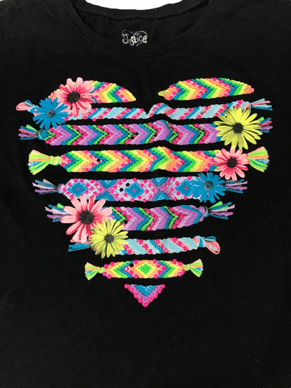 12 Justice Gir's Black Tshirt Heart Flowers Tie Sides Boho Look