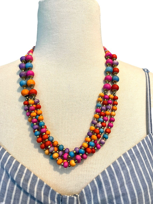 Multistrand Wooden Beaded Multicolor Bib Necklace Brasstone Beads 23.75"