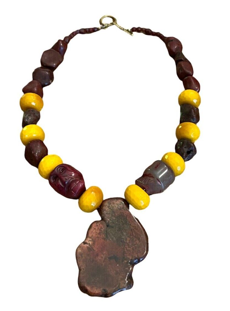 19" Handmade Skull & Sphere Center Stone Necklace Brown & Yellow Toggle