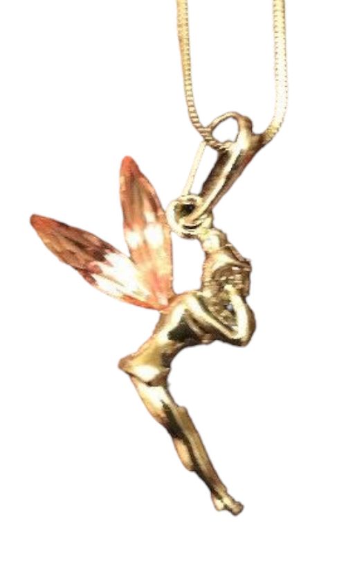 Silvertone Fairy Pendant 15.5" Chain Necklace Pink Jewel Wings 1.5" Pendant