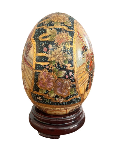 Hand Painted Satsuma Egg Gold Guild Moriage Geisha Girls Crackle Finish W/ Stand 7"