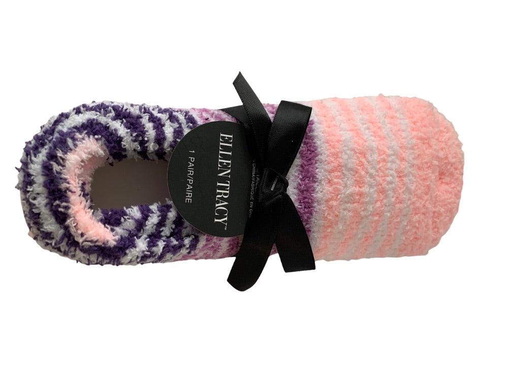 9-11 Ellen Tracy New Pair Fuzzy Socks Grip Bottoms Pink Purple Stripe