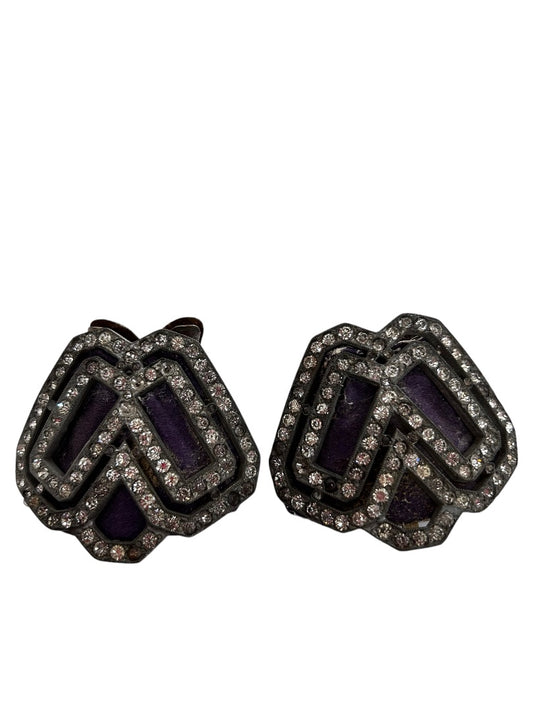 Vintage Shoe Clips Silvertone Rhinestones Purple Velvet 2" Signed