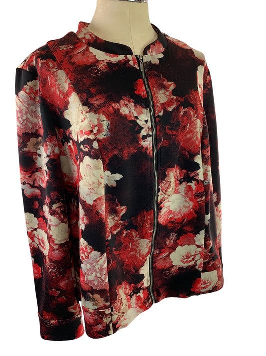 2X Roz & Ali Women's Rose Print Zip Up Jacket Stretch Polyester