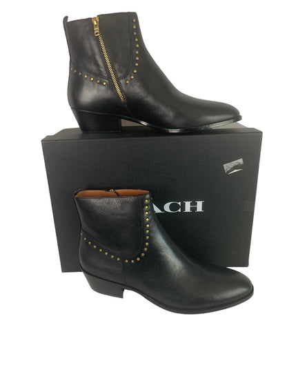 Size 11 Coach Eva Stacked Heel Women's Booties Black Leather Studded G2865