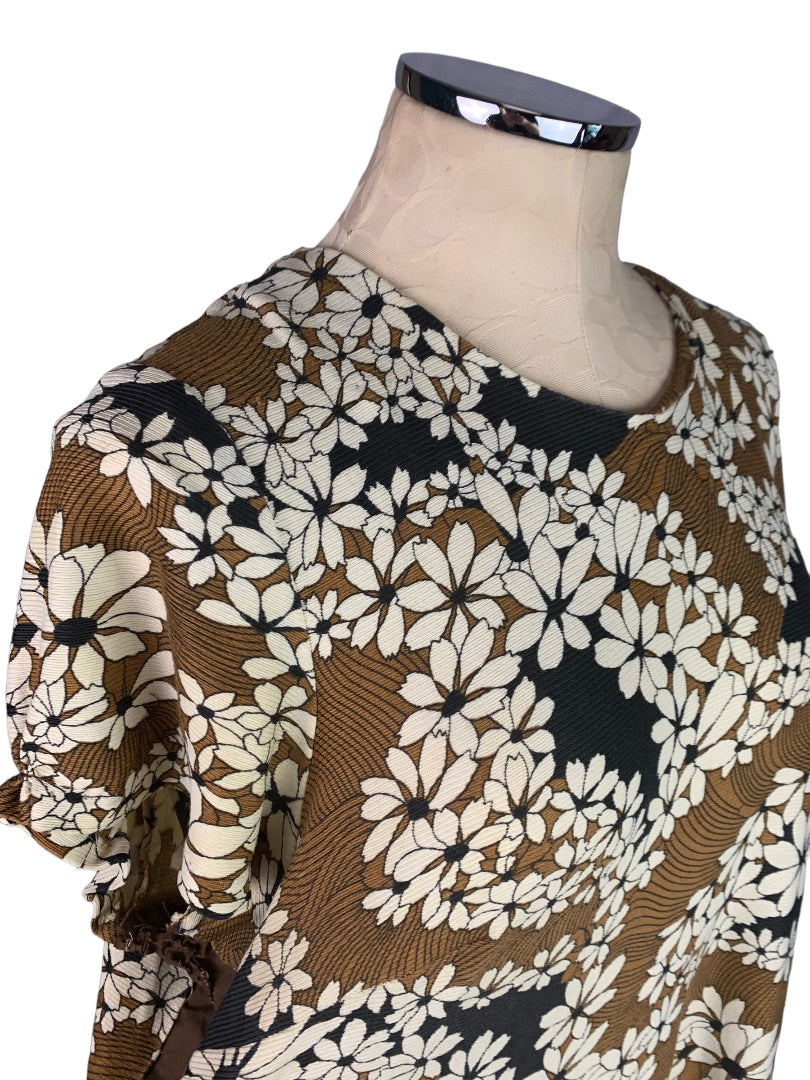 Vintage 1950s Handmade Plus Size Brown Shift Dress Floral Print Knee Length