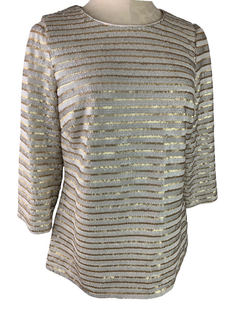 8 Boden Women's Silver Gold Sequin Stripe Blouse Lined 3/4 Sleeve