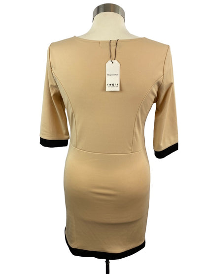 Medium Lupsona Stretch Sheath Dress 1/2 Sleeve Tan Black Trim