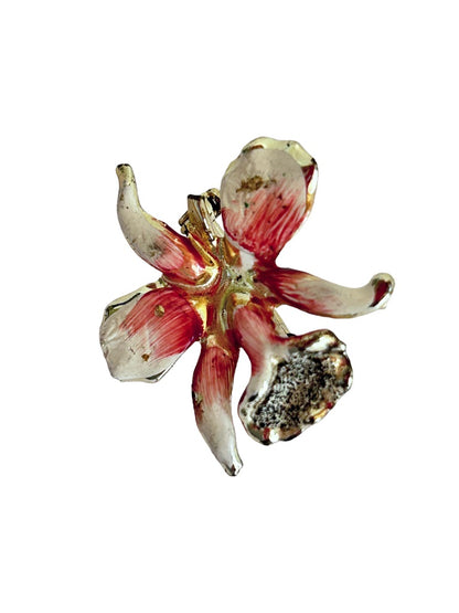 Vintage Lily Flower Brooch Pin 1.25"D Pink and Ivory Enameled Goldtone