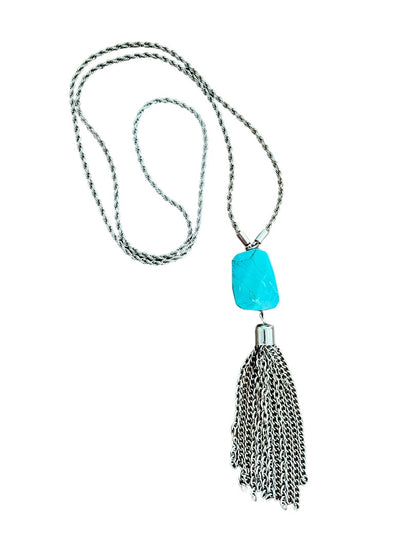 Faux Turquoise Lariat Tassle Necklace Silvertone Rope Chain 31" Long Plus 5" Drop of Tassle