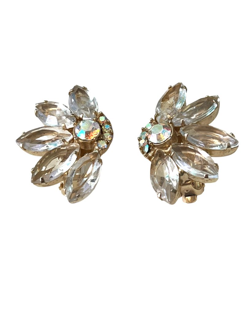 Vintage Rhinestone Glass Clip On Earrings Evening Formal Elegant Goldtone