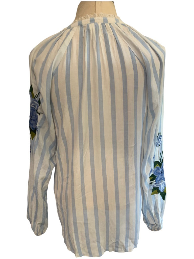 XS Akemi + Kim Anthropologie Women's Blue White Striped Embroidered Peasant Blouse