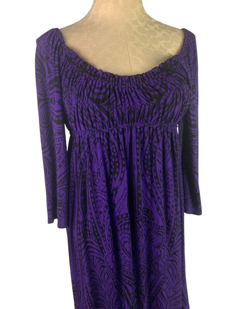 2 Muse Purple Black Paisely Off the Shoulder Dress Banded Waist