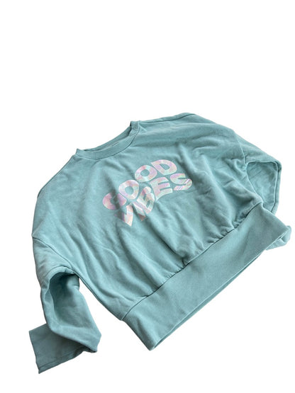 Medium Getafterit Women's Mint Green "Good Vibes" Pullover Crop Crewneck Sweatshirt