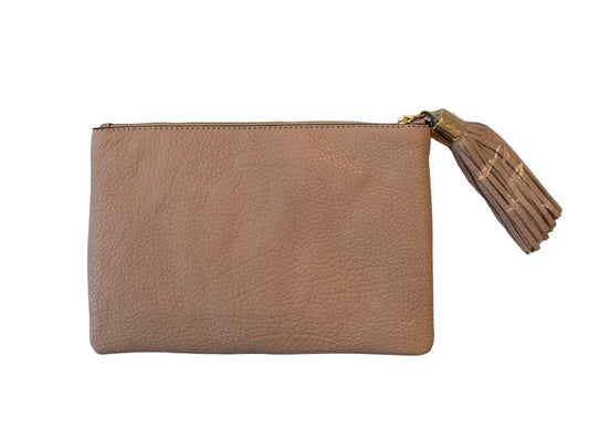 G.I.L.I. New Beige Pebbled Genuine Leather Lined Zip Pouch Tassel 10 x 7"