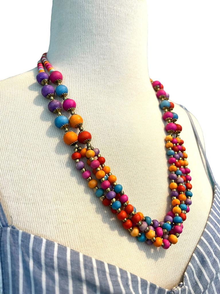 Multistrand Wooden Beaded Multicolor Bib Necklace Brasstone Beads 23.75"