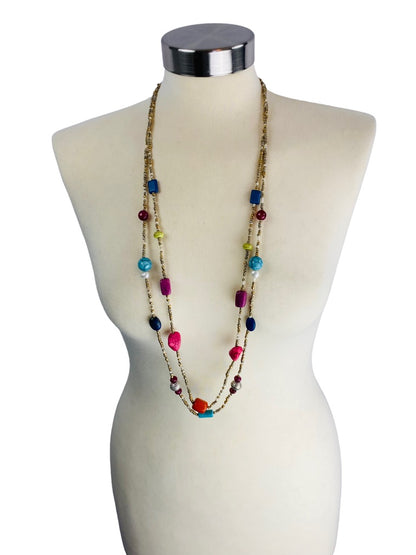 Chico's Goldtone Beaded 36" Dual Strand Clasp Necklace Multicolor Beading