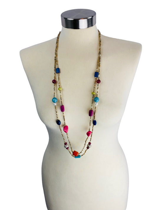 Chico's Goldtone Beaded 36" Dual Strand Clasp Necklace Multicolor Beading