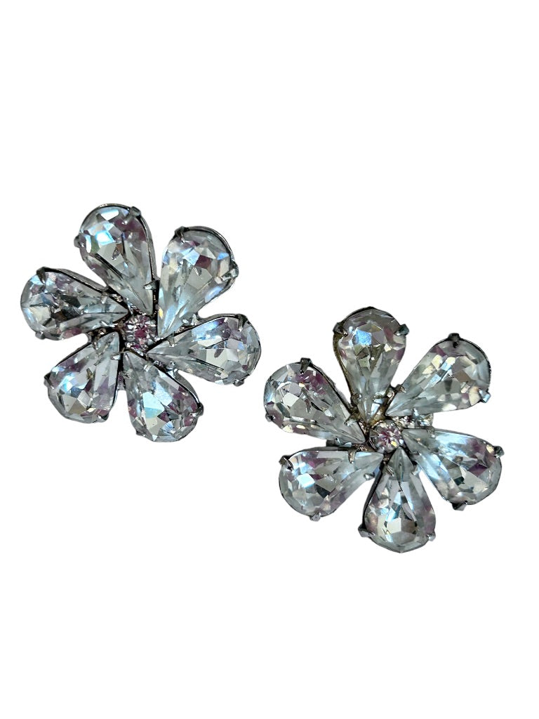 Vintage Screwback Non-Pierced Earrings Clear Crystal Flower 1 1/8" Diameter