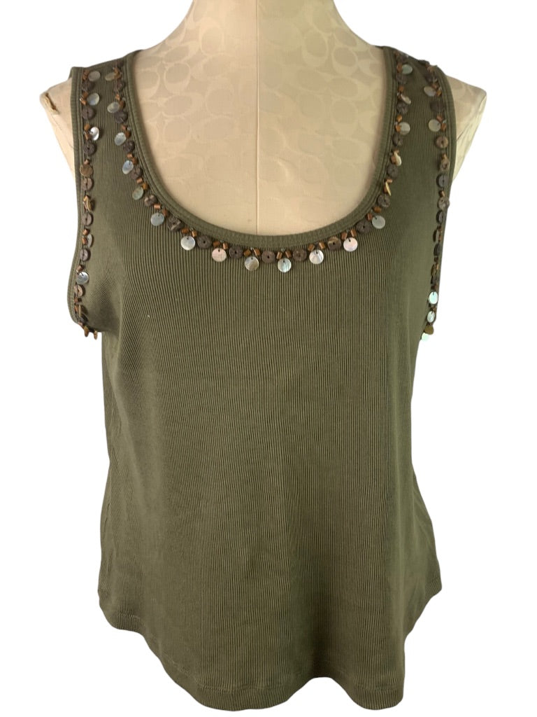 Medium Petite Charter Club Women's Olive Green Ribbed Tank Shell and Bead Embellished