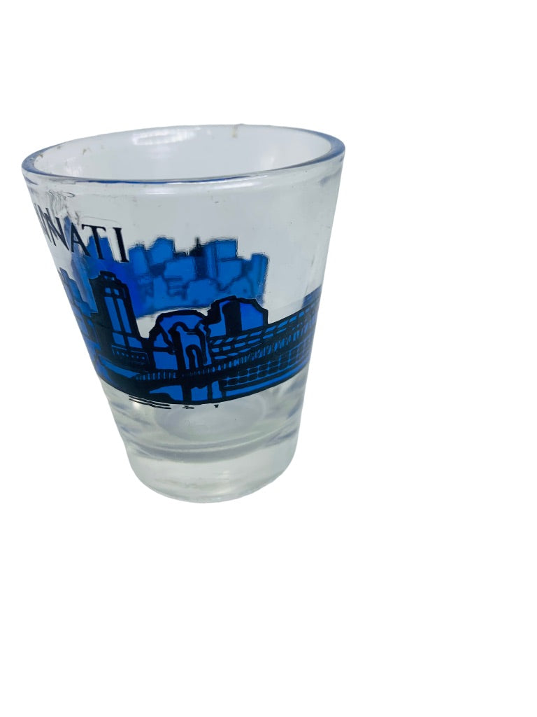 Cincinnati Souvenir Skyline Shot Glass Blue Barware Clear