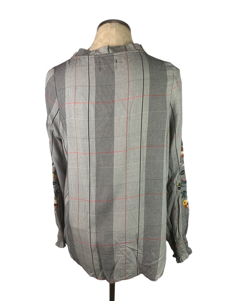 XS Curations Women's Plaid Peasant Blouse Embroidered Beaded Sleeve Pullover