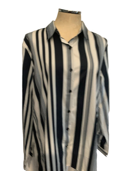 XL Unbranded Women's Button Up Dress Shirt Navy Blue White Vertical Stripe