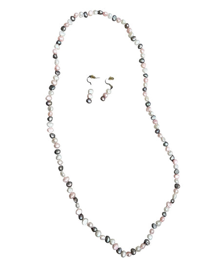 Freshwater Multicolor Pearl Necklace and Earrings Set Pink Gray White Dangle Earring