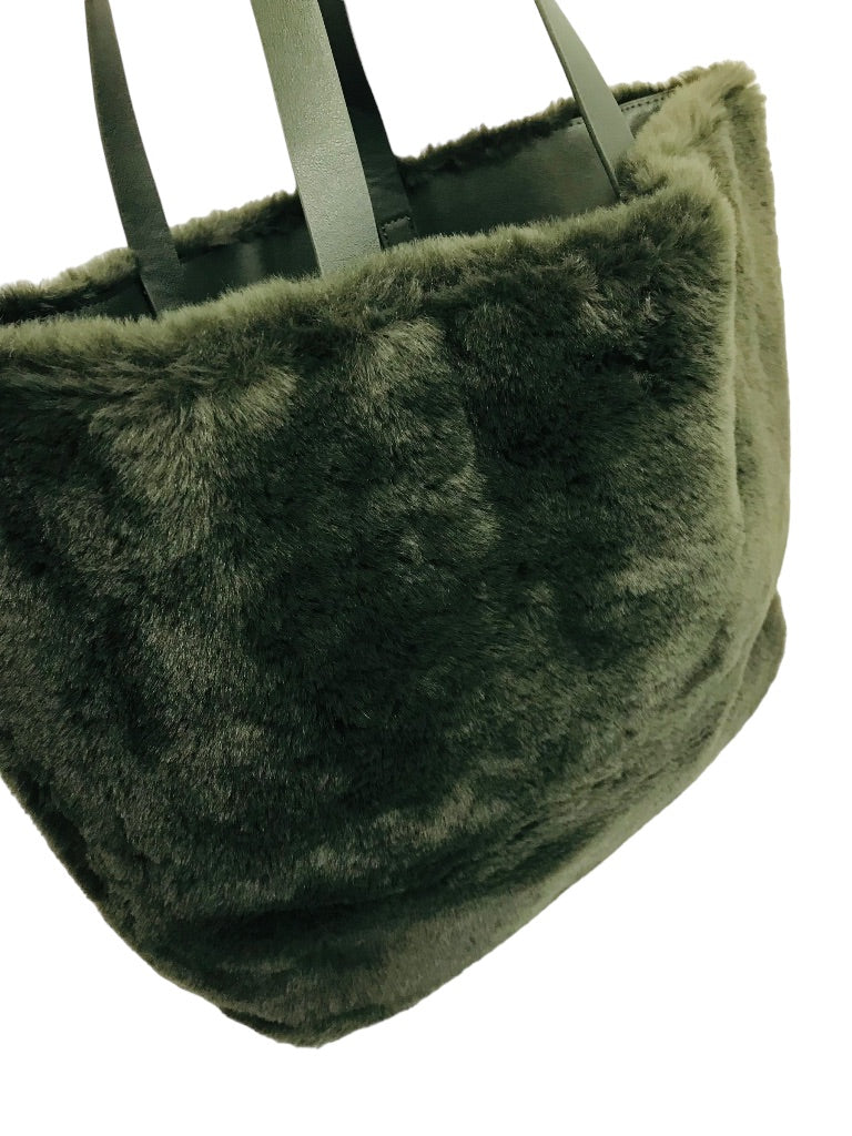 Aspen Plush Faux Fur Tote Bag Forest Green Attached Wallet Change Purse