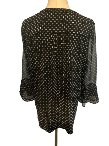 Large Izod Black Print Women's Pullover Blouse Sheer Bell Sleeve