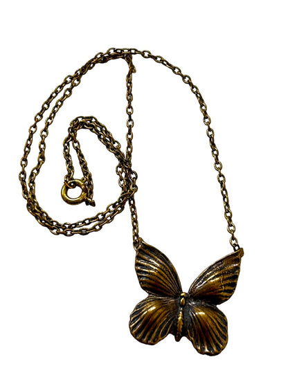 Antiqued Goldtone Butterfly Pendant Necklace 14" Chain Lobster Clasp